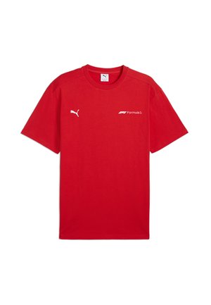 Red cotton t-shirt with short sleeves, crew neck, and white logos for Puma and Formula 1 on the left chest and sleeve.