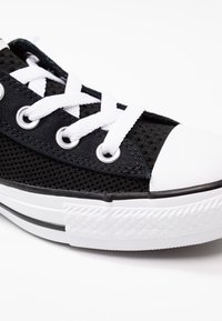 Baskets en mesh noir avec des lacets blancs, embout en caoutchouc et semelle texturée blanche. Présente des œillets métalliques et une bordure noire.