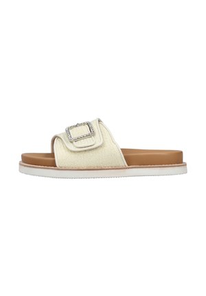 Slide sandal with a textured cream upper, single strap featuring a metallic square buckle, and a light brown footbed with white sole.