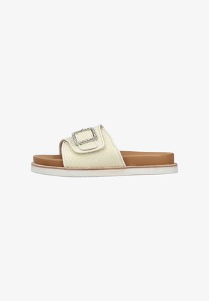 Slide sandal with a textured cream upper, single strap featuring a metallic square buckle, and a light brown footbed with white sole.