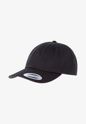 Fekete baseball sapka pamutból, ívelt lefedéssel, hátsó állítható pánttal és szellőző nyílásokkal ellátott kerek tetejével.
