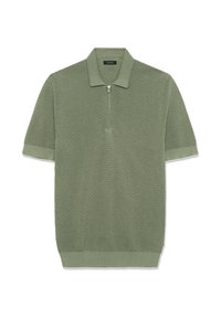 Īsroku polo krekls no teksturētas gaiši zaļas auduma ar rāvējslēdzēja apkakli un aprocētām piedurknēm, visā kreklā ir dimanta raksts.