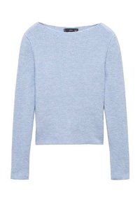 Lichtblauwe gebreide trui met een geribbelde structuur, boothals en lange mouwen; cropped model en minimalistisch ontwerp.
