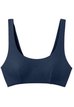 Navyblauw bikini-top met een gestructureerd patroon, brede banden en een vierkante halslijn, ontworpen voor een veilige en comfortabele pasvorm.