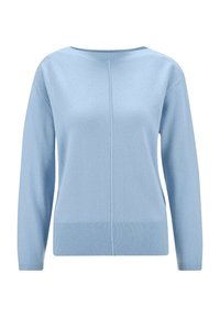 Hellblaues Sweatshirt aus weichem Stoff mit Rundhalsausschnitt, langen Ärmeln und geripptem Saum. Verfügt über eine zentrale Nahtdetails auf der Vorderseite.