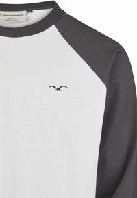 Sweatshirt mit Raglanärmeln aus weißer und dunkelgrauer Bio-Baumwolle, mit schwarzem gesticktem Vogel-Logo auf der Brust.