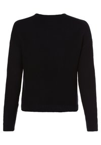 Suéter negro de punto con un patrón texturizado, cuello redondo y mangas largas. Los puños y el dobladillo son acanalados para añadir un detalle extra.