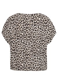 Blouse à manches courtes avec un motif léopard beige et noir, présentée à plat sur un fond blanc montrant le dos.