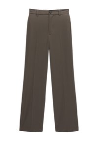 Wide-leg trousers in dark brown fabric, featuring a button closure, belt loops, and a smooth texture with no visible patterns.