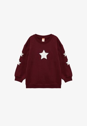 Sudadera burdeos de manga larga, con tres apliques de estrellas blancas en cada manga y una estrella más grande en el frente. Fabricada en una mezcla de algodón.
