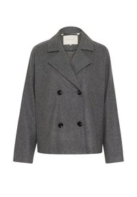 Grau melierte Wollmischung Doppelreiher-Jacke mit schwarzen Knöpfen, breiten Revers und relaxter Passform. Verfügt über seitliche Taschen und ein glattes Innenfutter.