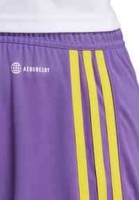 Paarse sportieve shorts met drie verticale gele strepen en een gestructureerde stof. "AEROREADY" logo in het wit aan de linkerkant.
