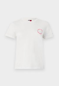 White cotton t-shirt, short sleeves, features a pink and blue circular graphic on the left chest with text "TOMMY JEANS NEW YORK CITY."