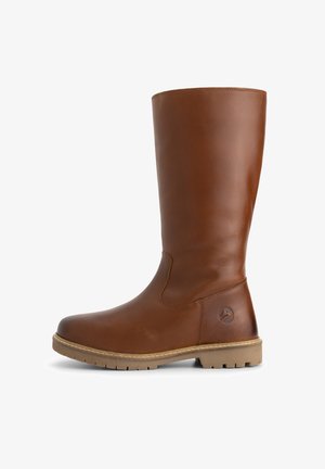 Bottine en cuir marron haute avec une semelle en caoutchouc beige et un petit logo embossé près du talon, présentée en profil latéral.