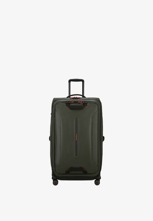 Hartschalentrolley in dunkelgrün mit schwarzen Akzenten. Verfügt über einen Teleskopgriff, vier Räder und einen zentralen Reißverschluss mit roten Details.