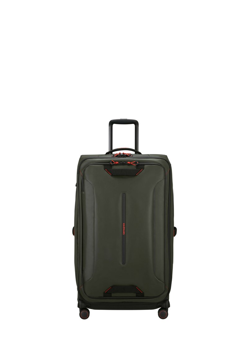 Hartschalentrolley in dunkelgrün mit schwarzen Akzenten. Verfügt über einen Teleskopgriff, vier Räder und einen zentralen Reißverschluss mit roten Details.