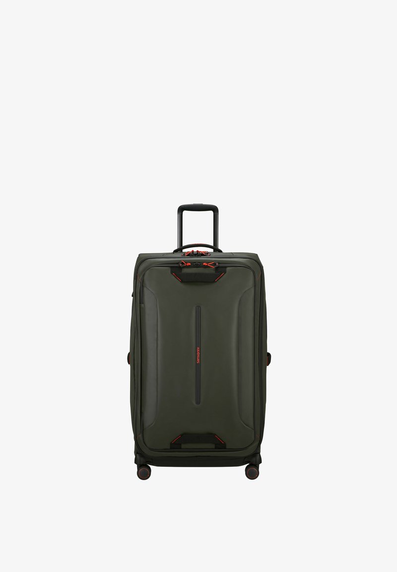 Hartschalentrolley in dunkelgrün mit schwarzen Akzenten. Verfügt über einen Teleskopgriff, vier Räder und einen zentralen Reißverschluss mit roten Details.
