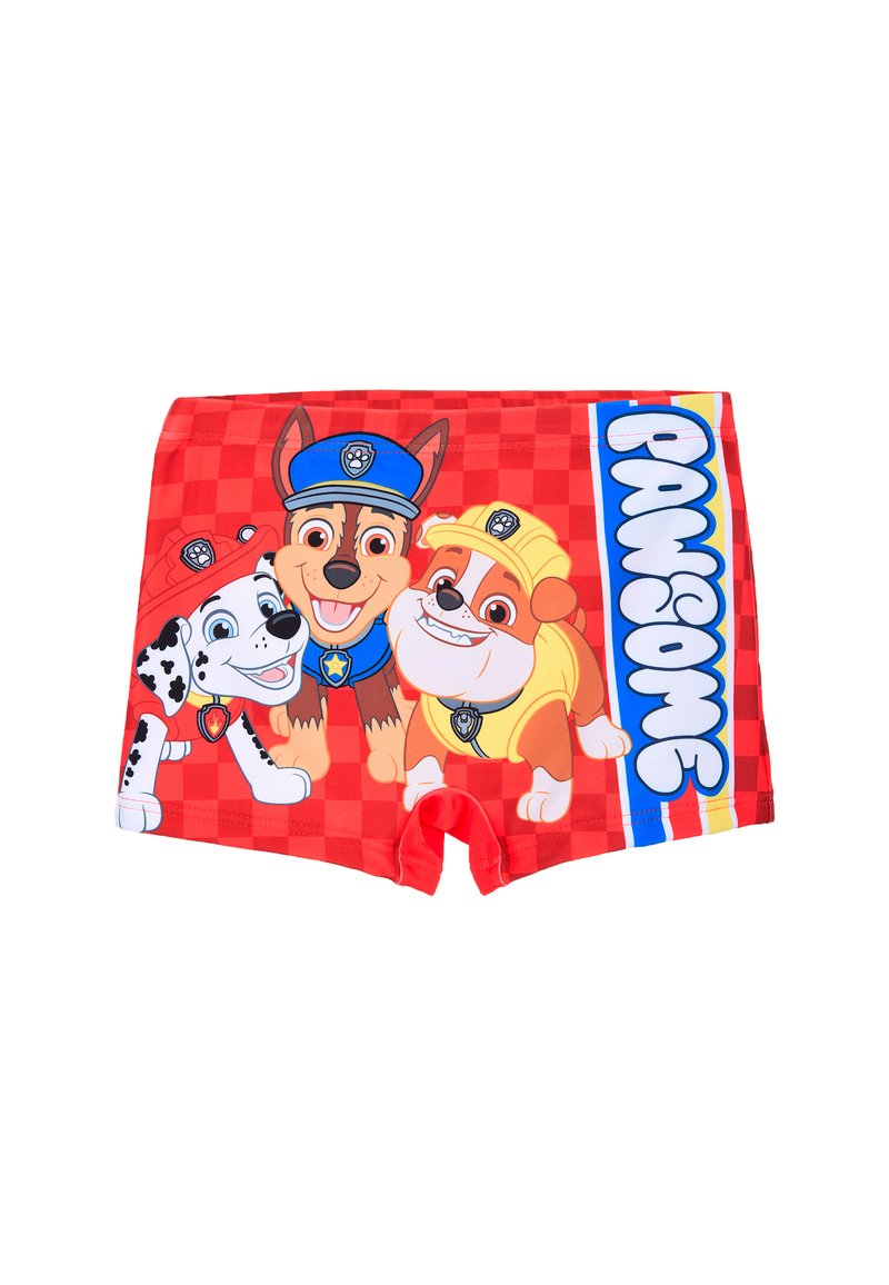 Rode zwemboxers met cartoonhonden op een geruit achtergrond. Inclusief het woord "PAWSOME" in blauwe en gele letters.