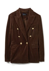 Bruine fluwelen blazer met een dubbelreversontwerp, pieklapels en goudkleurige knopen. Voorzien van twee voorzakken en één borstzak.