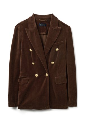 Bruine fluwelen blazer met een dubbelreversontwerp, pieklapels en goudkleurige knopen. Voorzien van twee voorzakken en één borstzak.