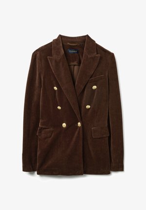 Blazer in velluto marrone con design doppiopetto, risvolti a punta e bottoni dorati. Include due tasche frontali e una tasca sul petto singola.