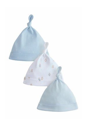 Set of three baby hats in soft fabric. Light blue with stars, white with teddy bear print, and blue striped design. All have tied tops.