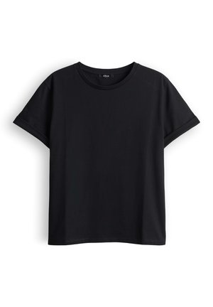 Zwart T-shirt met korte mouwen en ronde hals, met opgerolde manchetten, getoond tegen een effen witte achtergrond.