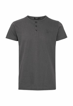 Dark gray short-sleeve t-shirt with a round neckline, three-button placket, and a small logo detail on the left chest. Made from cotton.