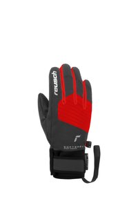 Schwarze Softshell-Handschuhe mit roten Akzenten und geripptem Textur auf der Rückseite. Verfügbar mit Handgelenkriemen zur Anpassung und verstärktem Bereich an der Handfläche.
