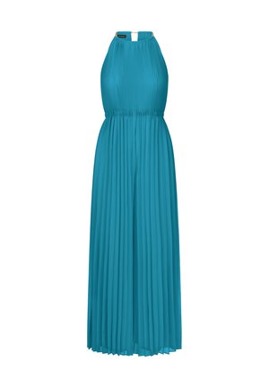 Robe maxi plissée teal avec un col halter, une taille élastique et des accents dorés à l'arrière. Tissu léger et design fluide.