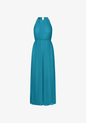 Teal sati maxi dress dengan leher halter, pinggang elastis, dan aksen emas di belakang. Bahan ringan dan desain mengalir.