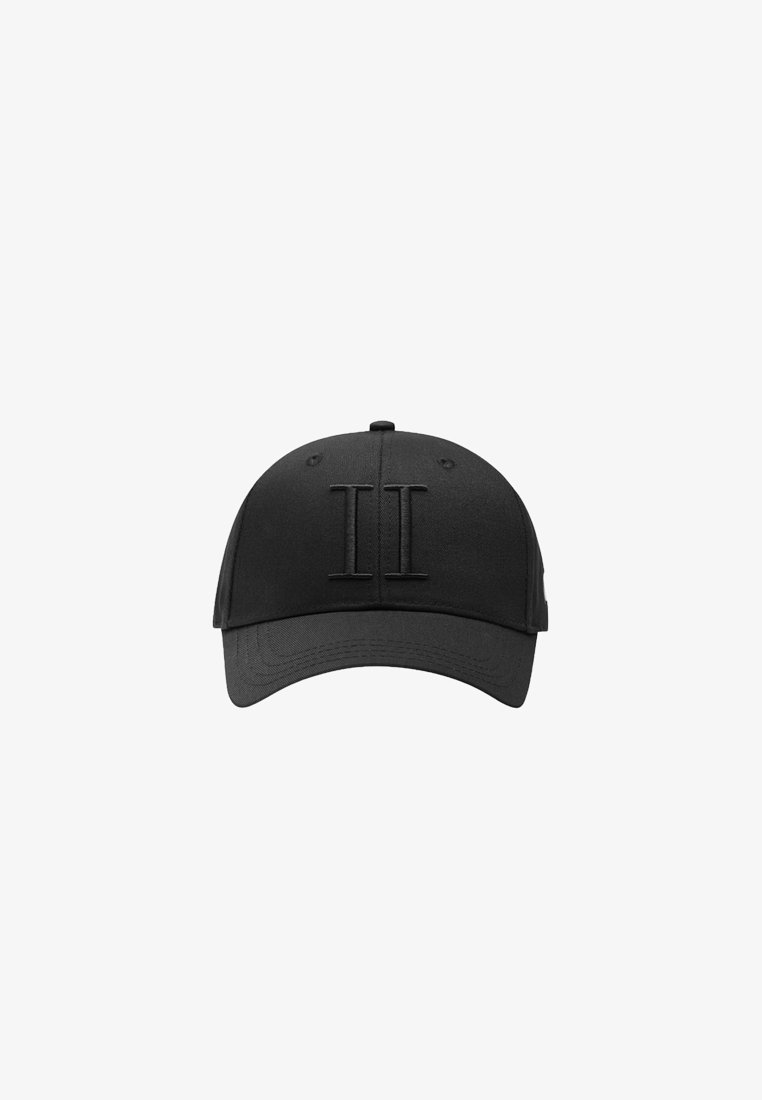 Black baseball cap made of fabric, featuring a raised “II” logo on the front, a curved brim, and an adjustable strap at the back.
