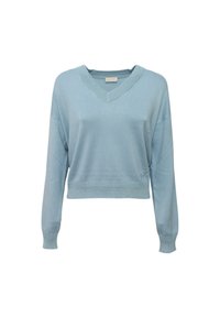 Maglione lavorato a maglia di un azzurro chiaro con scollo a V, maniche lunghe e bordo a costine. Presenta un sottile dettaglio del logo in basso a sinistra.