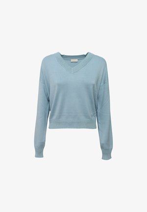 Maglione lavorato a maglia di un azzurro chiaro con scollo a V, maniche lunghe e bordo a costine. Presenta un sottile dettaglio del logo in basso a sinistra.