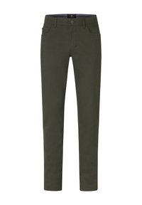 Olive green trousers made from durable fabric, featuring a classic five-pocket design with a zip and button closure. Fitted, straight leg shape.
