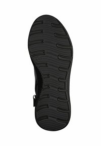 Semelle de chaussure en caoutchouc noir avec un motif texturé de rainures et de crêtes pour une bonne adhérence, dotée d'une fermeture éclair sur le côté et d'un design à bout arrondi.