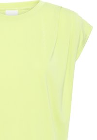 T-shirt à manches courtes avec col rond en jaune pâle, fabriqué en tissu doux et léger avec une texture lisse et des détails de couture soignés.
