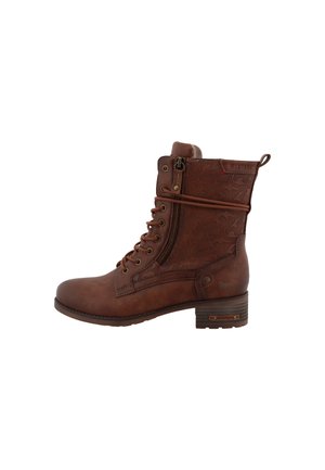 Stivaletto alla caviglia in pelle marrone con lacci frontali, cerniera laterale, tacco basso impilato e motivo decorativo in rilievo sulla parte superiore.