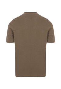 Bruine T-shirt met korte mouwen en een ronde hals, gemaakt van zachte katoen, met een gladde textuur en een eenvoudig ontwerp zonder zichtbare logo's of patronen.