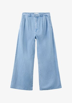 Lichtblauwe wijde denim broek met plooien aan de voorkant, zijzakken en een tailleband met riemlussen.