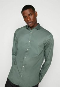 Camicia verde con bottone in un tessuto liscio, dotata di colletto a punta, con una vestibilità slim e maniche lunghe. I bottoni sono di colore chiaro.