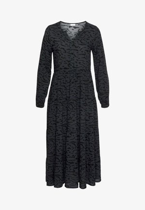 Abito lungo a maniche nere con un design a motivo, caratterizzato da un collo a V, vita arricciata e gonna a strati per un volume aggiuntivo.