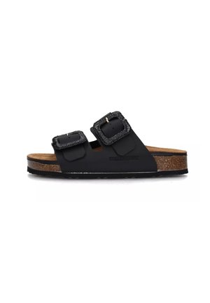 Infradito neri con due cinturini regolabili dotati di fibbie rettangolari, un plantare in sughero e una suola in gomma.