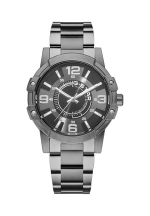 Stalen polshorloge met zwarte wijzerplaat die de tijd 10:10:37 aangeeft, met vette cijfers 12, 3, 6, 9 en drie wijzers op een metalen schakelenarmband.