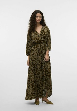 Maxi dress in brown with a black leopard print, featuring 3/4 sleeves, a wrap design, and a tie waist. Soft, flowing fabric.
