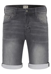 Shorts en denim gris avec une finition légèrement délavée. Design à cinq poches, ourlets retroussés et détails de couture contrastants. Coupe décontractée, style polyvalent.