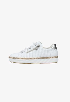 White sneaker with textured upper, silver accents, and braided jute-like sole. Features lace-up design and side zipper detail.