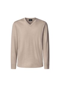Béžový sveter s výstrihom do V, vyrobený z mäkkej látky, s dlhými rukávmi a rebrovaným lemom, minimalistický dizajn bez viditeľných vzorov či akcentov.