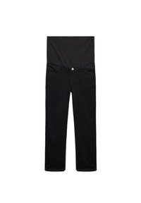 Zwarte jeans met een gladde textuur en een standaard vijf-pocket ontwerp, met een knoopsluiting en een hoge taille voor extra bedekking.