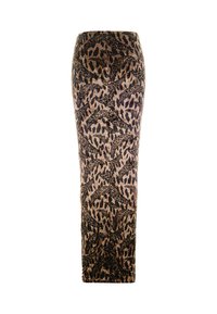 Gonna midi a stampa leopardata con design bodycon, superficie testurizzata e vita alta. I colori principali includono marrone, nero e dettagli dorati.